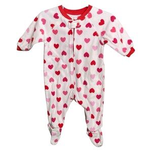 Children’s Place Pink & Red Hearts Fleece Zip Up Footie Pajamas- Size 6-9 months